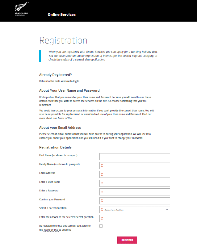 ニュージーランド移民局公式サイト「Registration」